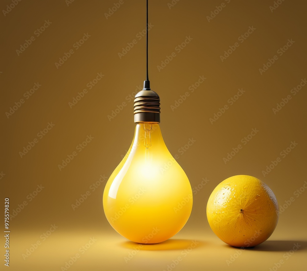 Poster a creative still life composition featuring a lightbulb and an orange fruit against a monochromatic 