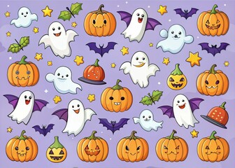 Naklejka premium A colorful worksheet featuring friendly ghosts, bats, and pumpkins, surrounded by playful math problems and
