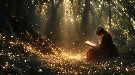 Obraz premium A young woman reads a book in a magical forest, surrounded by glowing lights and surrounded by nature, while the sun shines down on her.