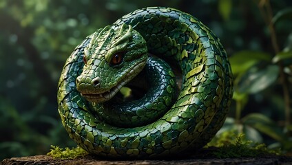 Fototapeta premium A curled green snake rendered in a detailed textured style 