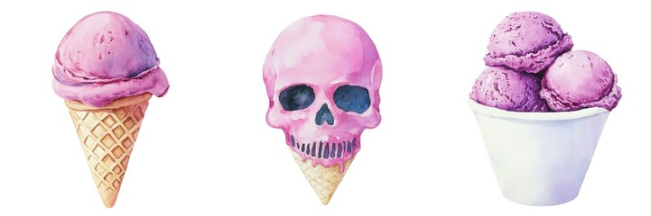Obraz premium Watercolor A whimsical illustration featuring pink ice cream cones and a playful skull, blending sweetness with a hint of the macabre. Isolate on white background set