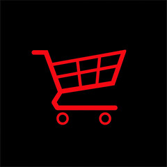Minimalist red shopping cart icon on black background