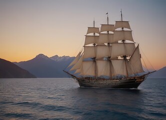 A beautiful sailboat is gently floating on the calm water during sunset