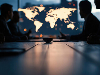 Business meeting with a world map backdrop, showcasing teamwork and global strategy discussions among professionals.