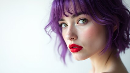 Naklejka premium Minimalist portrait of a woman with purple hair bright red lips and a green eye