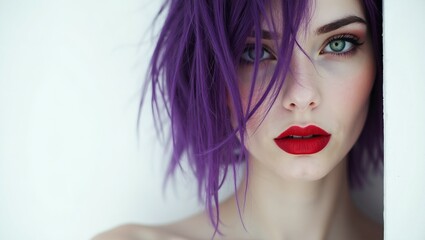 Fototapeta premium Ethereal portrait of mysterious woman with red lips purple hair and green eyes on white background