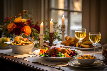 Thanksgiving table setting with different dishes such as roast turkey