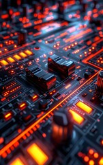 Obraz premium Close-up of a futuristic circuit board with glowing red lights.