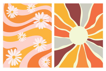 Obraz premium Abstract Retro Floral Pattern with Swirling Lines and Sunburst Design