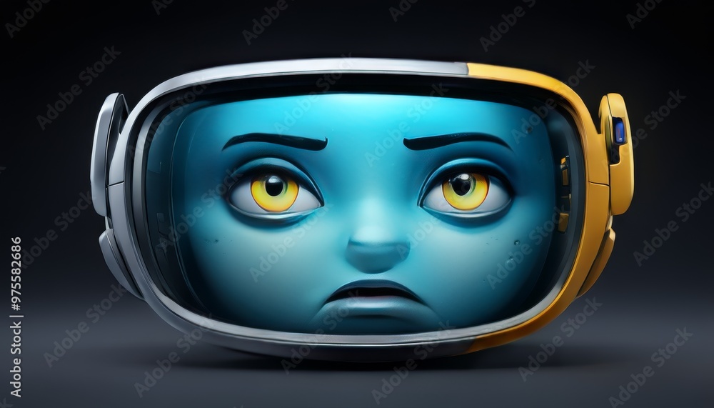 Poster a 3d digital rendering of a blue robot with yellow details and a serious expression. the robot has l