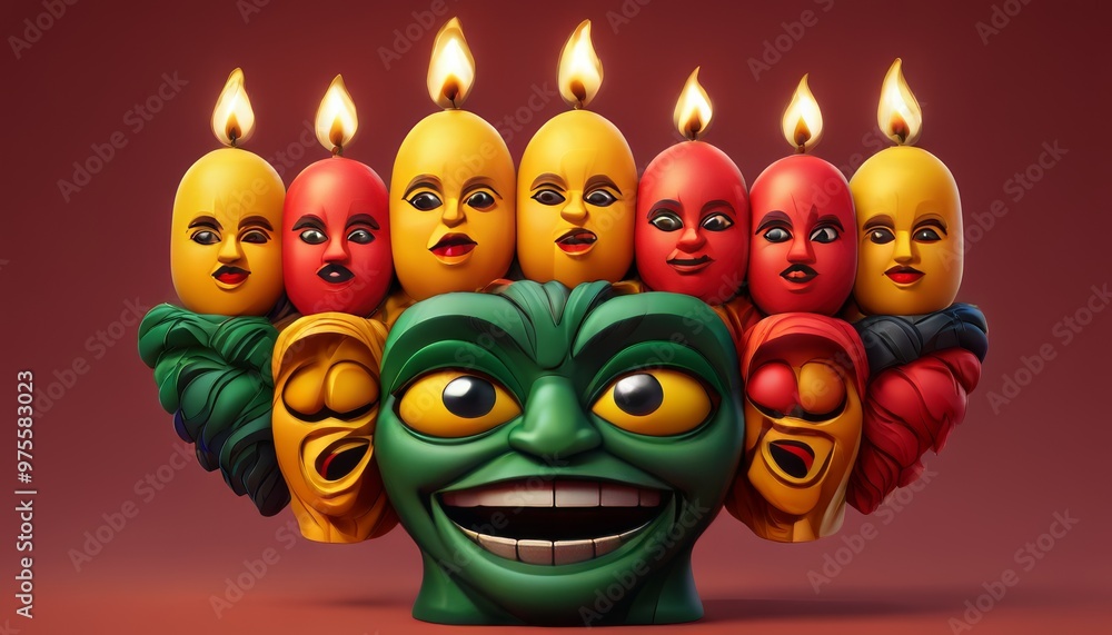 Poster a striking candle sculpture featuring multiple colorful faces with flames on top. each face is uniqu