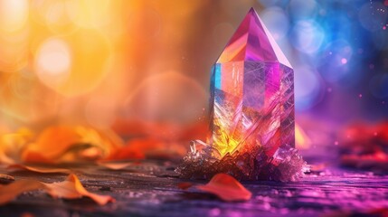 A vibrant rainbow crystal sits gracefully on a table