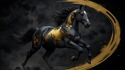 A black horse with gold accents gallops across a dark background 