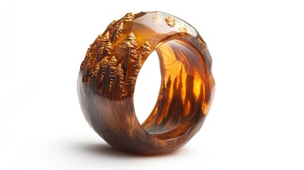 Fototapeta premium A glowingcopper bronze wood resin ring, highlighting intricate handmade craftsmanship, isolated on a white backdrop