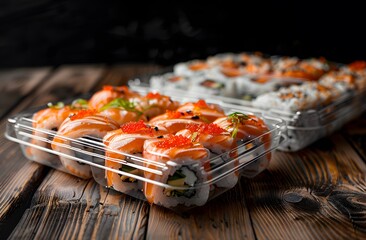 Close-up of sushi rolls in plastic packaging for delivery. Japanese traditional food.	
