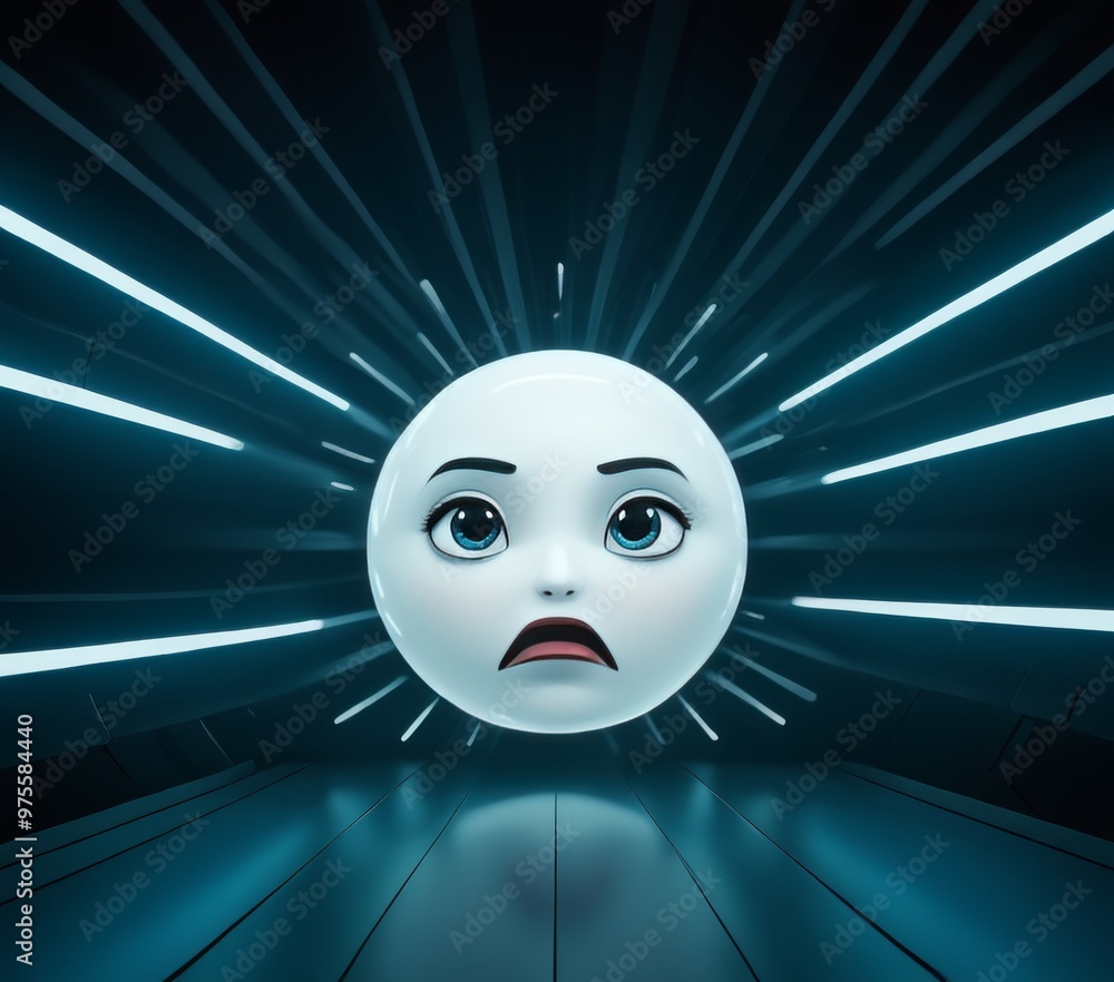 Poster a white sphere with a highly expressive face is highlighted by radiant beams of light, creating a st