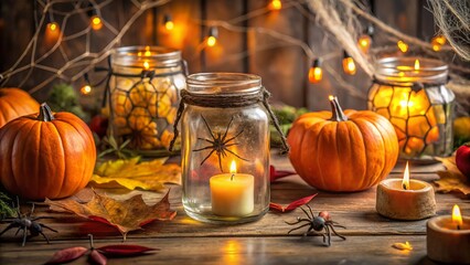 A creative autumnal table setting featuring a mason jar lantern, artificial spider webs, and mini pumpkins, perfect for