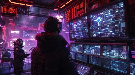 Futuristic control room with glowing screens and cybernetic atmosphere.
