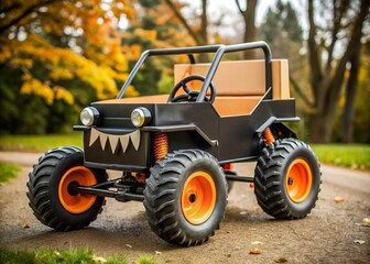 Obraz premium A creative baby stroller is transformed into a miniature monster truck, complete with cardboard wheels, headlights, and