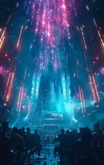 A crowd of people gathered in a futuristic, neon-lit city, watching a spectacular light show.