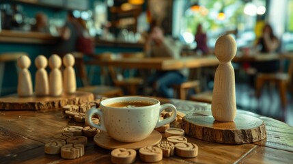 Obraz premium A Warm Cup of Coffee Surrounded by Wooden Figures in a Cozy Cafe Atmosphere