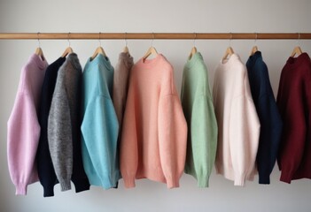 A vibrant array of colorful sweaters beautifully hanging on a rack
