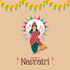 Happy Navratri festival celebration poster or banner design, illustration of Goddess Durga Maa, woman dancing with dandiya stick and drummer