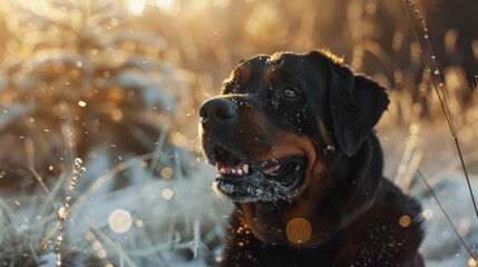 A happy Rottweiler enjoying nature in the golden sunlight. The dog looks relaxed and joyful in a beautiful outdoor setting.