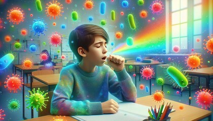 Sick Boy Coughing in Classroom with Viruses.