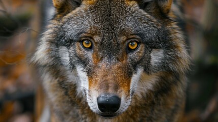 Fototapeta premium A wolf with a yellow eye stares at the camera