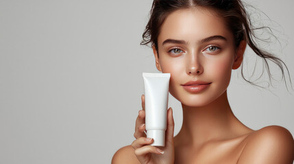 A young woman with radiant skin smiles while holding a sleek white skincare tube, showing her natural beauty against a soft gray background. banner with copy space