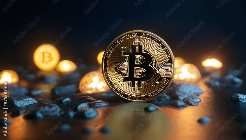 Poster a shining bitcoin coin is positioned on a rocky surface, illuminated by surrounding glowing lights. 