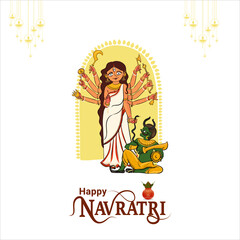 Happy Navratri festival celebration poster or banner design, illustration of Goddess Durga Maa, woman dancing with dandiya stick and drummer