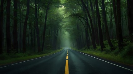 Serene Green Path Through a Mysterious Woodland on a Rainy Day
