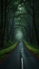 Serene Green Path Through a Mysterious Woodland on a Rainy Day