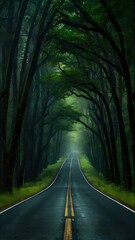 Serene Green Path Through a Mysterious Woodland on a Rainy Day