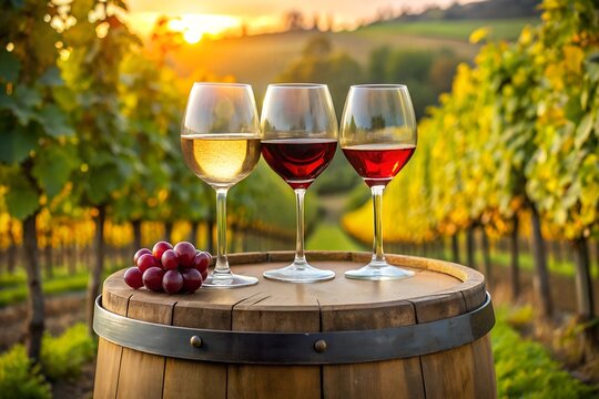Three glasses of white, rosé and red wine on  wooden barrel in vineyard. Small bunch of red grapes, rustic scene.  Warm, golden light in autumn sunset. wine tasting concept