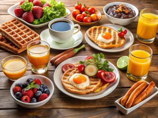 A vibrant breakfast table sprawls with eggs, crispy bacon, sizzling sausage, fluffy pancakes, and golden waffles, accompanied by a colorful medley of fresh fruit and a steaming pot of coffee.
