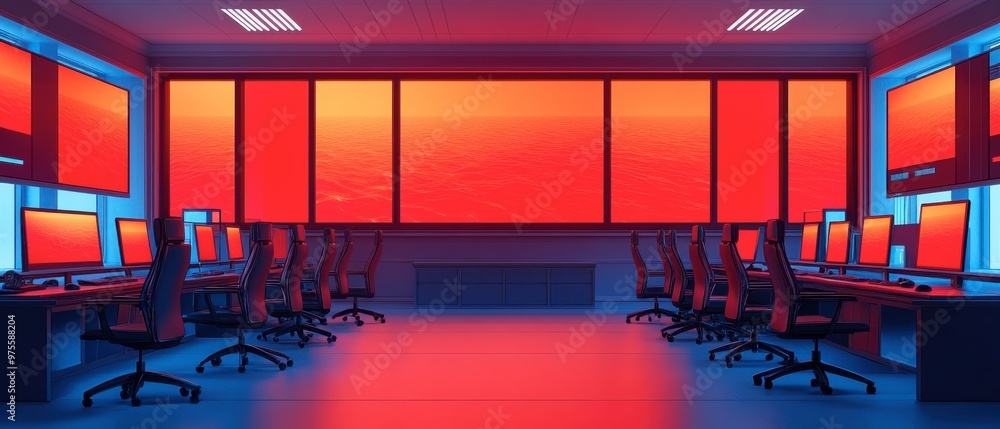 Poster a futuristic workspace with rows of monitors, illuminated by red and blue lighting, creating a high-