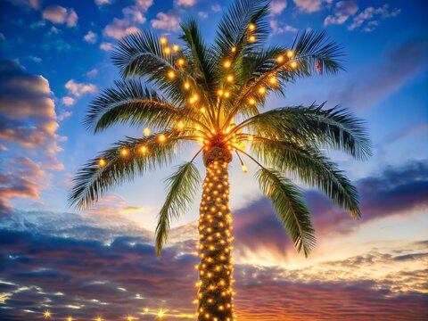 Palm tree twinkles with festive cheer against a twilight sky, its fronds sparkling like a celestial treasure trove of Christmas magic.