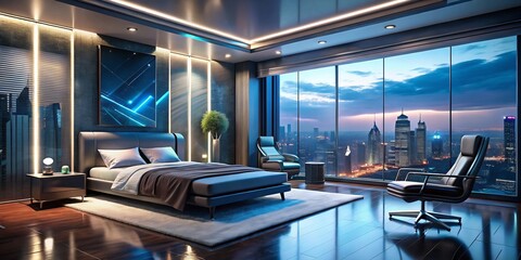 "Sleek, ambient-lit bedroom with metallic accents, holographic display screens, and zero-gravity chairs amidst a futuristic cityscape backdrop"