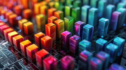 Obraz premium Vibrant Geometric Cityscape Futuristic 3D Cube Pattern Background with Colorful Urban Architectural Design Elements Showcasing a Minimalist Innovative and Dynamic Visual Composition