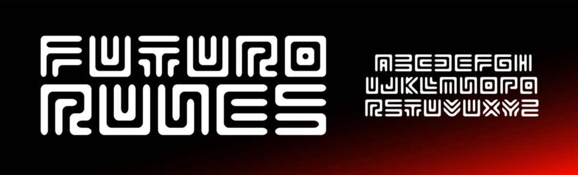 Futuristic tribal alphabet, squared maze letters, geometric font for futuristic, ancient, ethnic, runic design, tech, architecture, game typographic. Simple labyrinth pattern typeset. Vector typeset.