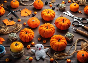 A creative workspace overflowing with felt orange pumpkins, bats, ghosts, and spiders, surrounded by threads, glue, and