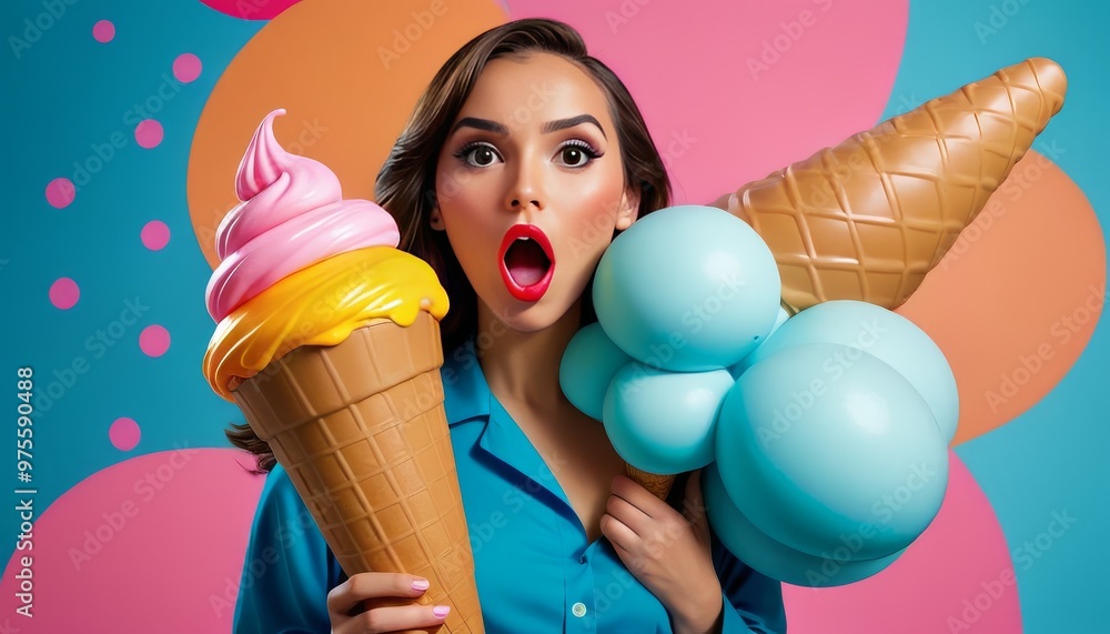 Poster a woman with a surprised expression holds oversized ice cream cones, one with a pink swirl and anoth