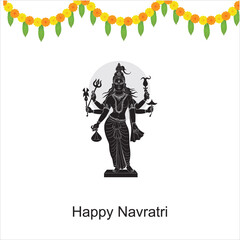 Happy Navratri festival celebration poster or banner design, illustration of Goddess Durga Maa, woman dancing with dandiya stick and drummer