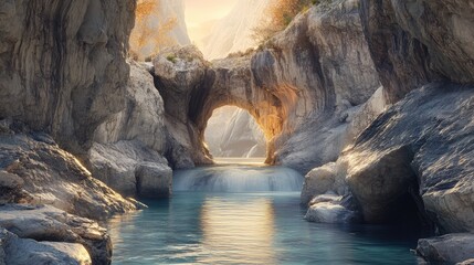 Naklejka premium A serene river surrounded by pale stone cliffs, flowing through a natural archway under a soft, diffused light