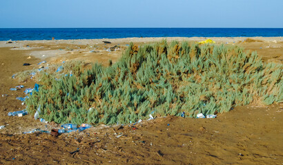 Plastic garbage on the shores of the Red Sea in the area of Hurghada, Egypt