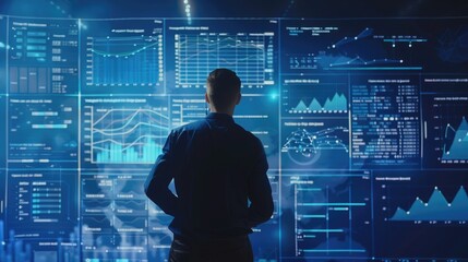A businessman stands in front of a large screen displaying a complex data visualization.
