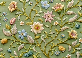 Create intricate floral embroidery design on soft moss-green fabric, with vines and blossoms in shades of pale yellow and dusty blue, replicating antique charm.